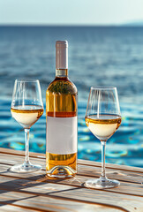 Wall Mural - Bottle wine of with an mock-up label and glasses served on the wooden table on the beach