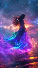 Wall Mural - A breathtaking cosmic silhouette of a woman gracefully dancing amidst a beautiful nebula filled with vibrant colors