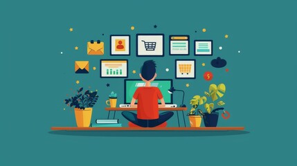 Cartoon vector person setting up an online store on a laptop