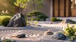 © kinara art design - A Japanese rock garden with a large grey rock and raked sand in a zen style garden design.