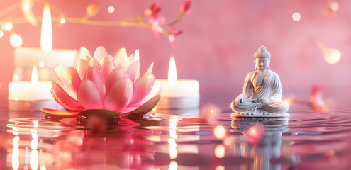 Wall Mural - A serene Buddha statue meditating in lotus flowers, surrounded by floating candles and soft pink lighting on water reflections