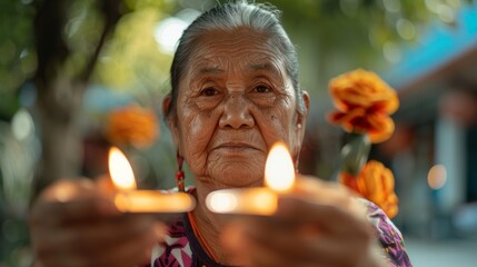 Wall Mural - A woman is holding two candles in her hands