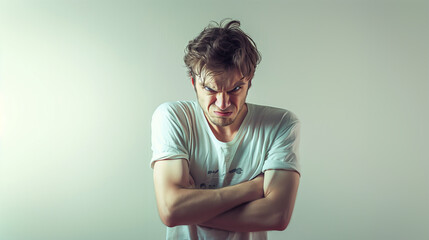 Wall Mural - A young man in a white T-shirt, with an angry and sad expression, his arms crossed, against a light background 