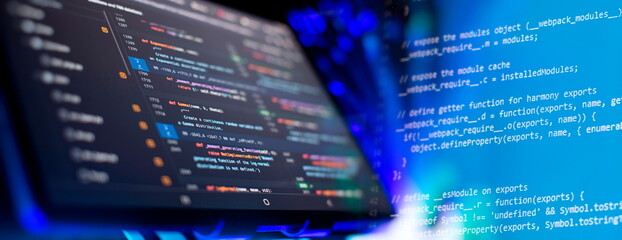 Wall Mural - modern tech. php syntax highlighted. writing programming functions on laptop. big data and internet 