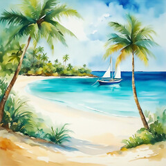 A serene tropical beach with lush palm trees, sailboats in the ocean, and vibrant sunset skies. Perfect vacation scenery for relaxation and tranquility