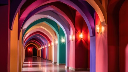 Poster - A long hallway with colorful walls and a lighted wall, AI