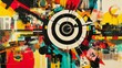 © Pangestu - A high-contrast art collage illustrating brand positioning strategies with a circular target at the center, symbolizing strategic focus and market segmentation