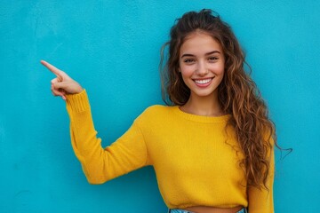 young woman over isolated blue background pointing finger to the side, generative ai