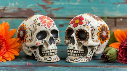 Two skulls with flowers painted on them are on a blue table