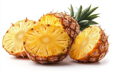 Fresh pineapple halves on a white background, showcasing vibrant yellow fruit and textured skin. Ideal for culinary and health themes.