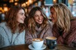 © Digi ART - Group of female friends having a coffee together. Three women at cafe, talking, laughing and enjoying their time. Lifestyle and friendship concepts with real people, Generative AI