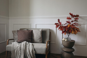 Red oak tree leaves, branches in vase on modern curved wooden side table. Linen midcentury sofa with throw blanket, checkered cushions. Little white pumpkins. Autumn interior, Thanksgiving, Halloween