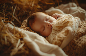 Wall Mural - A baby Jesus is sleeping in the manger, with soft lighting and a peaceful atmosphere