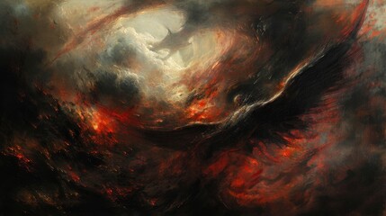 Wall Mural - a fallen angel descends to earth in a whirlwind of fiery chaos. The painting captures the angel's sorrowful expression as it navigates the infernal landscape 