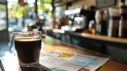 Aufkleber - A glass of freshly brewed coffee sits beside a menu on a wooden counter in a lively cafe, illuminated by natural light.