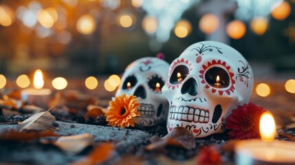 Two skulls with candles on them are on a table with orange flowers