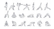 © 100% HAND-CRAFTED - Set of yoga poses line icons. Symbols with female figure in different yoga poses or asanas. Fitness, sports and Pilates. Outline vector illustration collection isolated on white background