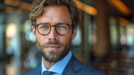 Wall Mural - Professional man in glasses poses confidently indoors during daytime