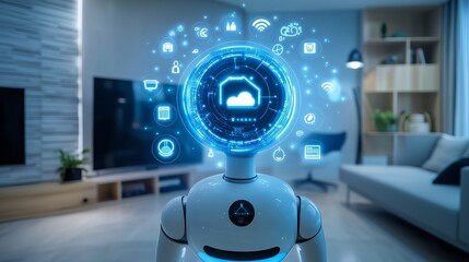 A robot in a home environment with a futuristic blue interface representing smart home automation and connected devices.