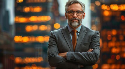 Wall Mural - Professional man in a suit stands confidently with arms crossed in an urban setting during sunset