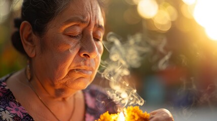 Wall Mural - A woman is holding a lit candle and is surrounded by smoke