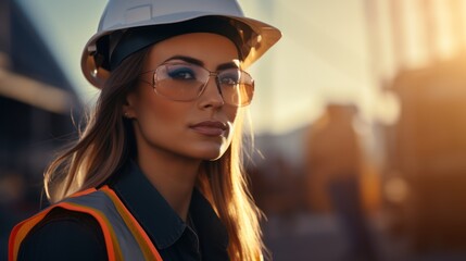 Wall Mural - Young female site engineer inspecting construction site 