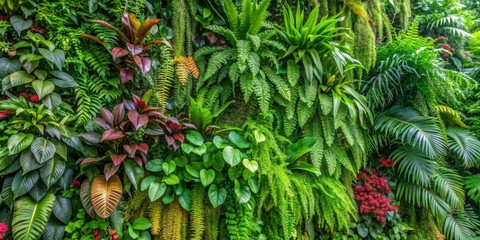 Vertical Garden Lush Greenery with Red Flowers, green , natural , tropical , plants