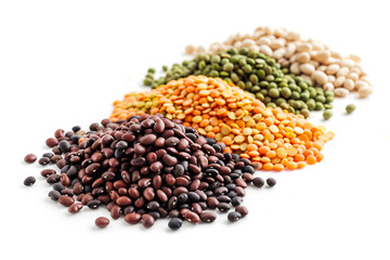 Colorful lentils and beans on white background