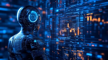 Futuristic robot with glowing blue lights looks at a digital screen with glowing orange and blue graphs.