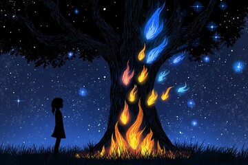 Wall Mural - Stock photo of a stylized fantasy tree filled with lights, a girl, night, a painting of bright colors, and a background of colorful lights.