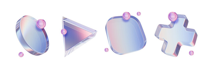 Wall Mural - 3D glass figure set futuristic transparent game geometric objects cyber sport joystick button symbol. Holographic purple cross, transparent spectrum material texture, square, circle. 3D glass shapes