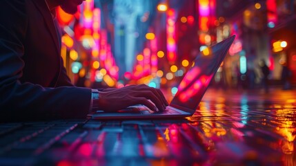 A person working on a laptop in a brightly lit urban street at night with colorful reflections on the pavement