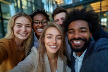 Cheerful group of multiracial business people taking a selfie together outside office building, looking at the camera smiling, Generative AI