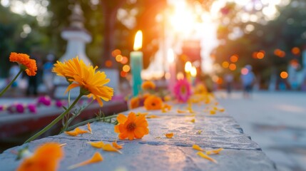 Wall Mural - A wall with a bunch of flowers and candles on it