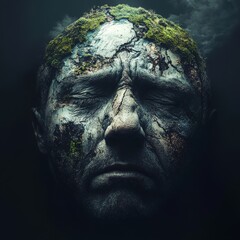 Wall Mural - earth that is made into face, the face has an experession of sorrow and regret, moody over head lighting