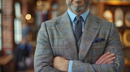 Wall Mural - A well-dressed man stands confidently in a tailored suit in a stylish boutique during the daytime