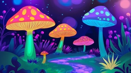 Poster - Trees with glowing insects in a beautiful forest fantasy world