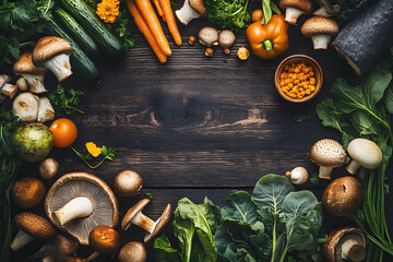 Wall Mural - Organic harvest Vegetables from garden and forest mushrooms. Vegetarian ingredients for cooking on dark rustic wooden background, top view, border