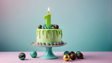 A first birthday cake with a lit candle and decorative chocolate balls