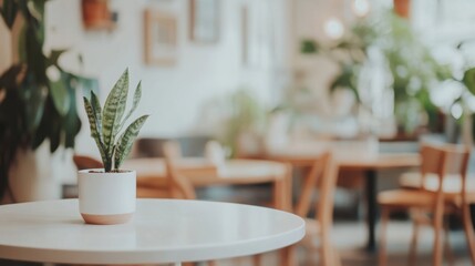 Aufkleber - A small potted plant sits on a white table, surrounded by wooden chairs and greenery in a bright cafe atmosphere.
