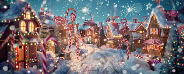 Wall Mural - A whimsical Christmas scene with candy cane trees, decorated houses, and snow-covered landscapes.