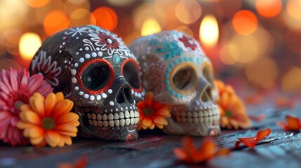 Two skulls with flowers on them are on a table