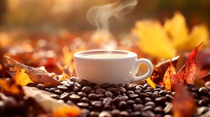 Poster - A steaming cup of coffee surrounded by coffee beans and autumn leaves, depicting a warm, inviting autumnal scene 