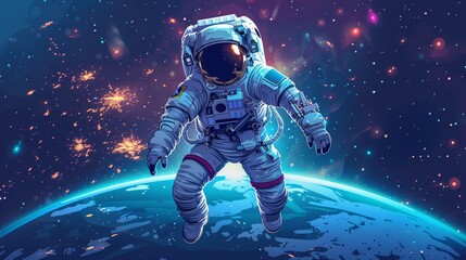 Wall Mural - cartoon vector astronaut floating in space with earth in the background