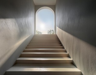 Wall Mural - Minimalist Concrete Staircase with Arched Window and Sunlight