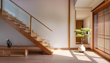 Wall Mural - Modern Minimalist Japanese Home Interior Design With Wooden Stairs And Light