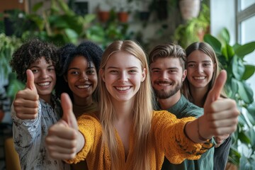 Wall Mural - Group of young adult people as work colleagues in a team in a group photo with thumbs up in the sunlit office room at work, multicultural business, profession and successful working, Generative AI