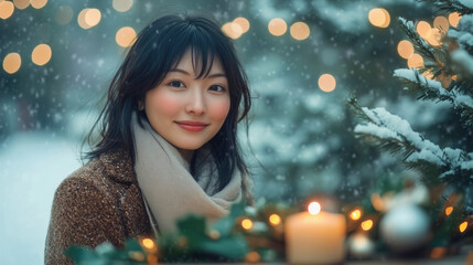 Wall Mural - Happy asian lady in winter