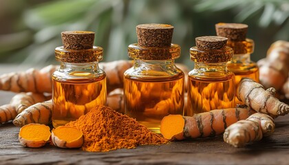 Bottles of turmeric oil and powder, surrounded by fresh turmeric roots, set on a rustic wooden table