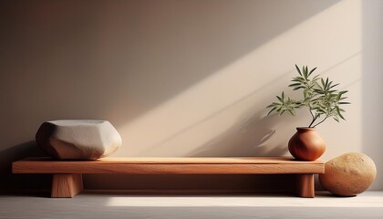 Wall Mural - Minimalist Interior Design with Wooden Bench and Stone Pot